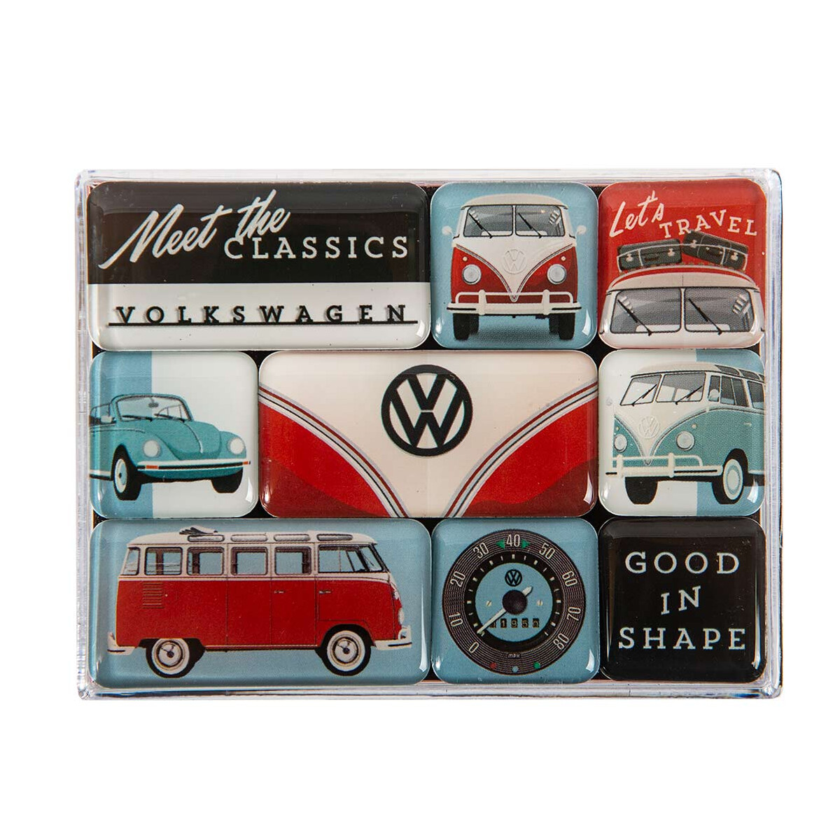 Magnetset mit den Motiven vom VW T1 Bus und VW Käfer 
